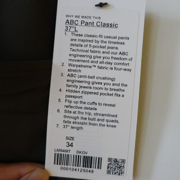 Lululemon Warpstreme ABC Pant Classic 37"L inseam Tall Size 34 Dark Olive - Picture 4 of 12